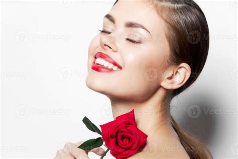 Cheerful Woman With Closed Eyes Naked Shoulders Rose Charm Stock Photo At Vecteezy