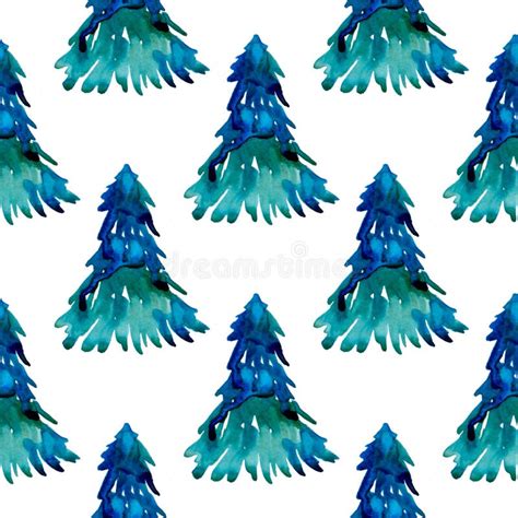 XMAS Watercolor Pine Tree Seamless Pattern In Blue Color Hand Painted