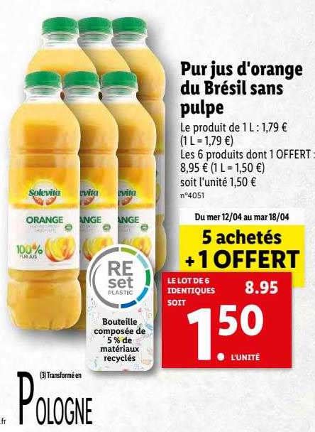 Promo Pur Jus D Orange Du Br Sil Sans Pulpe Solevita Chez Lidl