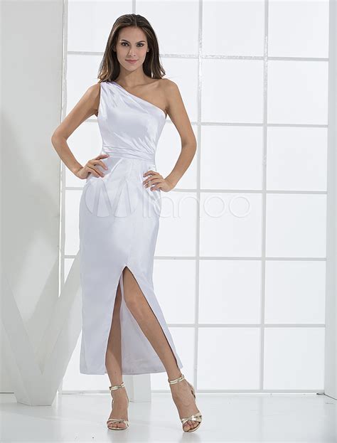 Ivory One Shoulder Slit Elastic Woven Satin Evening Dress Voolium