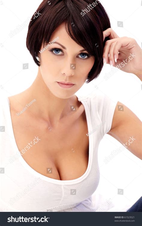Closeup Portrait Brunette Female Model Blue Stock Photo 61523521 Shutterstock