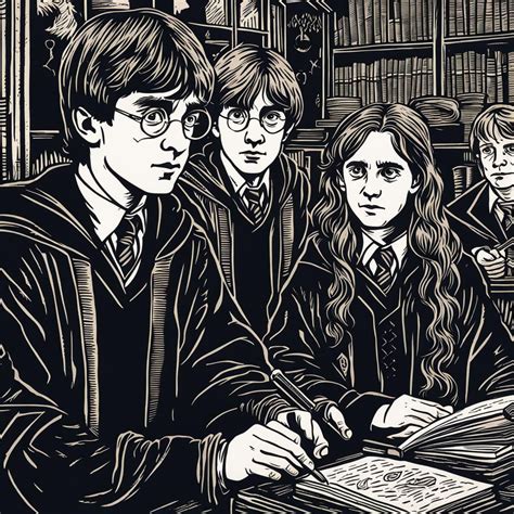 Close Up Linocut Of Harry Potter Ron Weasley And Hermione Granger In A Classroom At Hogworts