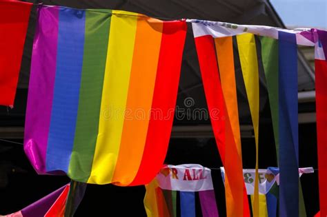 Rainbow Coloured Flags Decoration On The Street For Lesbian Gay Bisexual And Transgender
