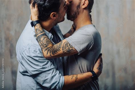 Caucasian Gay Couple Kissing Revealing A Moments Of Sexual Life Close Up Isolated Studio Shot