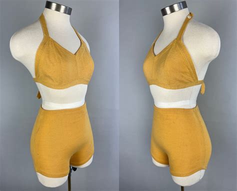 S Basking Betty Bikini Vintage S Canary Yellow Wool Knit Two
