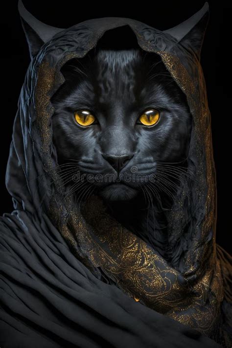 Ai Generated Illustration Of A Black Cat With Golden Eyes Adorned In A Shawl And Cape Stock