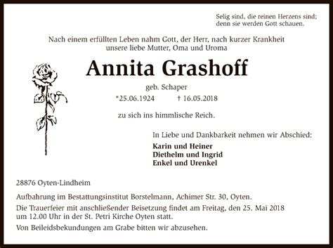 Traueranzeigen Von Annita Grashoff Trauer Kreiszeitung De