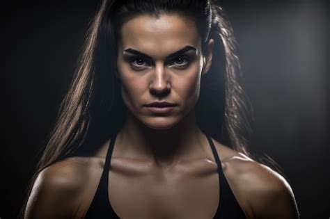 Premium AI Image Serious Looking Athlete With Long Brunette Hair And Fitness Apparel