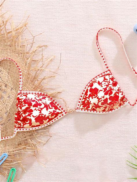 Swim Mod Springbreak Tropical Plant Print And Plaid Orange Micro Triangle Bikini Top Shein Usa