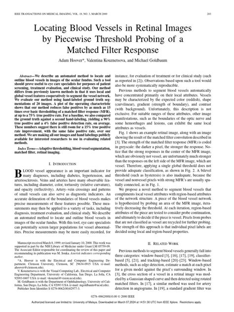2000 Locating Blood Vessels In Retinal Images By Piecewise Threshold