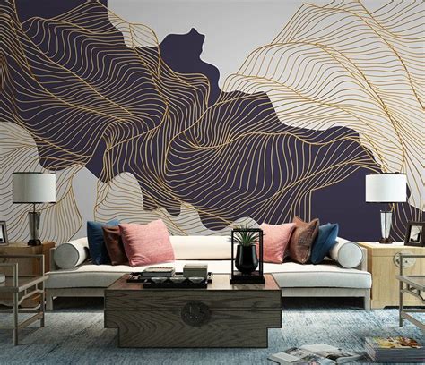 Golden Line Abstract Art Mountain Lake Wallpaper Muralart - Etsy ...