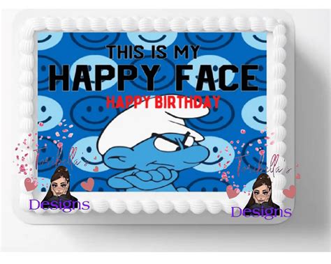 Funny Smurfs Happy Face Image Edible Birthday Cake Topper Decoration