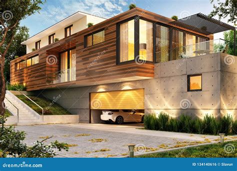 Beautiful Modern House With A Large Garage For Cars Stock Photo Image