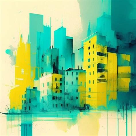 Pintura Em Aquarela De Paisagem Urbana Em Cores Amarelas E Azul