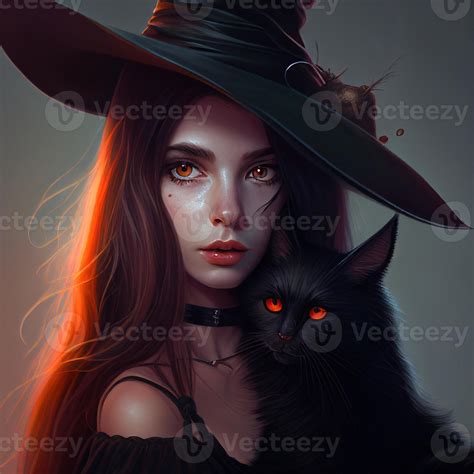 Beautiful Witch Girl In Black Dress With Black Cat Image Generative Ai