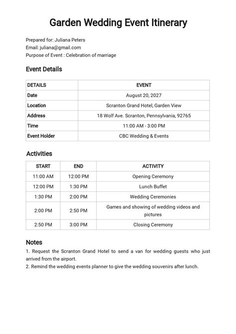 Free Wedding Day Itinerary Template