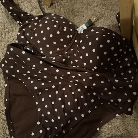 Dark Brown Bikini Set With White Polka Dots Depop