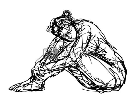 Nude Female Human Figure Tuck Sitting With Legs Tucked Doodle Art Continuous Line By Patrimonio