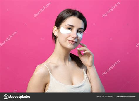 Close Portrait Pretty Attractive Girl Naked Shoulders Using Patches Eyes Stock Photo