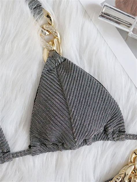 Emmiol Free Shipping Metal Chain Halter Bikini Set Silver S In Bikini Sets Online Store