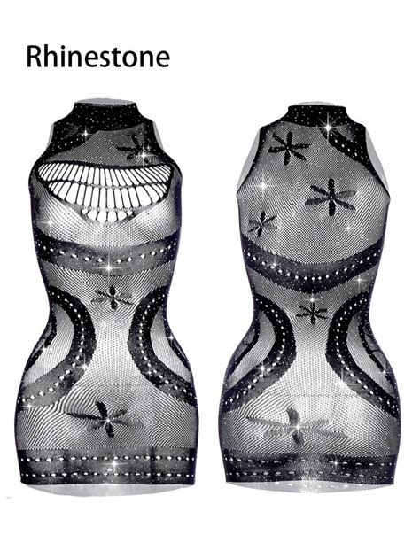 Pc Women Sexy Lingerie Rhinestone Cover Up Without Bikini Sexy Fishnet Hollow Out Bodycon Dress