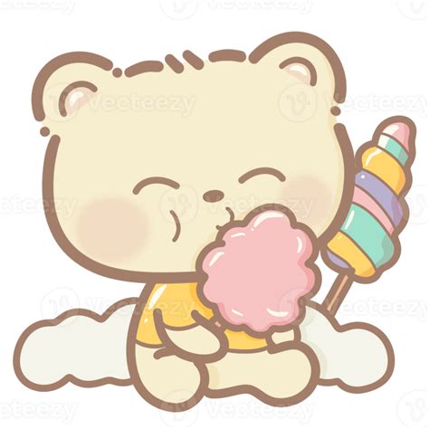 Handdrawn Illustration Cute Kawaii Yellow Teddy Bear Eating A Cotton Candy Clipart Fun Amusement