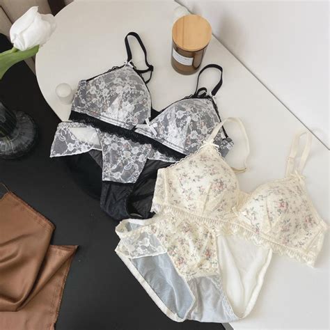 Lace Bra Panties Set Wireless Women Push Up Lingerie Panty Lovely Bow Triangular Cup Underwear