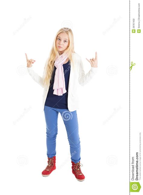 Fille Blonde Montrant Quelques Signes Photo Stock Image Du Sourire Gentil 29767432