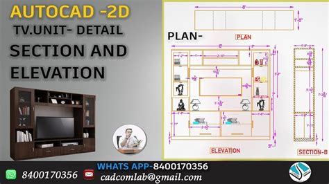 Autocad D Tv Unit Design With Section And Elevation Youtube