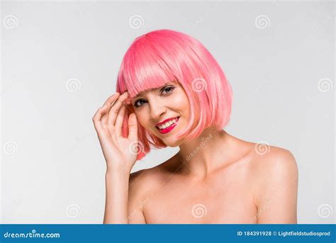 Beautiful Nude Girl In Pink Wig Isolated On Grey Stock Photo Image Of Beauty Adult 184391928