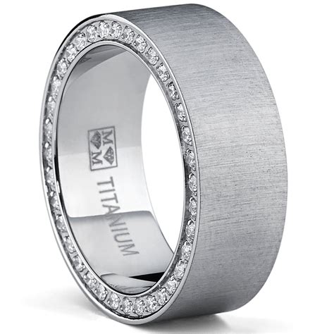 Titanium Mens Brushed Wedding Band Ring With Cubic Zirconia Two Row Metal Masters Co