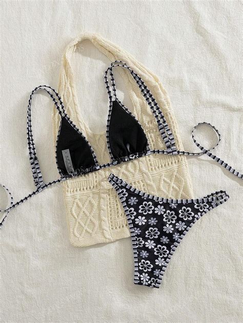 New Ditsy Floral Adjustable Strap Backless Tie Up Cute Bikini Women Summer Beach Resort