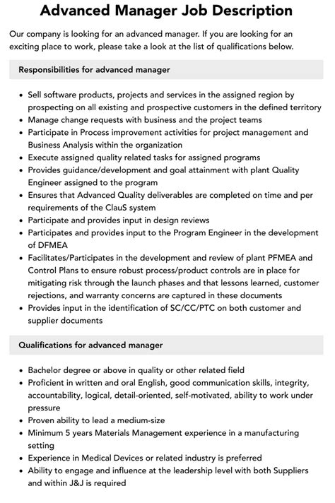 Advanced Manager Job Description Velvet Jobs