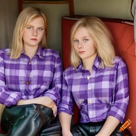 Close Up Of Relaxed Blonde Twins In Purple Plaid Shirt And Black