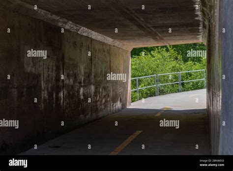 Bike Path Tunnel Under Roadway Sharp Curve And Railing Beyond