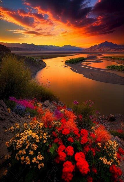 Premium AI Image | A sunset over a river with a mountain in the background.