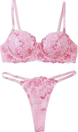 Amazon Wdirara Women S Piece Floral Lace Embroidery Mesh Sheer Bra And Thongs Lingerie