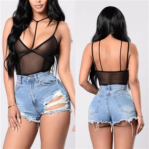 Women See Through Mesh Bodycon Bodys Female Transparent Body Sling Low