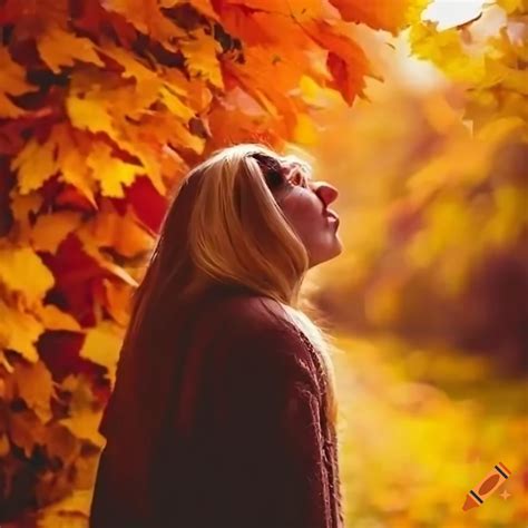 Young Woman Walking Through Colorful Autumn Leaves On Craiyon