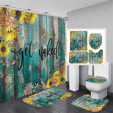 4Pcs Get Naked Sunflower Shower Curtain Sets Floral Green Bathroom Set Decor With Non Slip Rugs