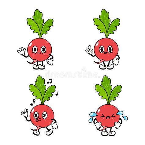 Funny Cute Radish Characters Bundle Set Vector Hand Drawn Doodle Style