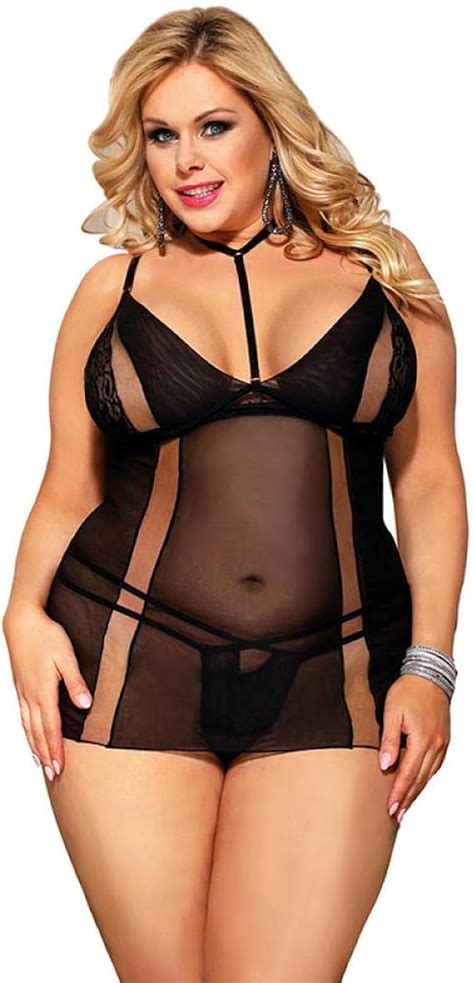 Érotisme Lingerie Sexy Dentelle Noire Cou Suspendu Plus La Taille Chemise De Nuit Lingerie
