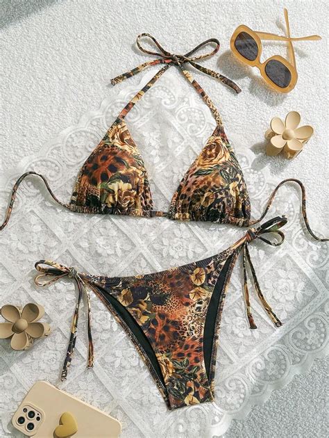 Swim Vcay Pcs Set Summer Floral Print Halter Neck Triangle Top Narrow Side Tie Sexy Bikini