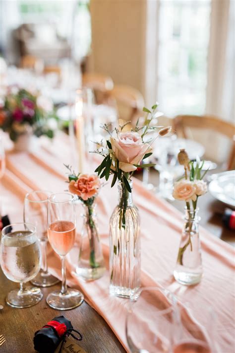 Bud Vases Down Long Tables At Wedding Simple And Elegant Centerpieces Peach Blush And Dus