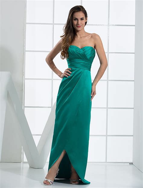 Hunter Green Strapless Sweetheart Floor Length Satin Evening Dresses Eazu