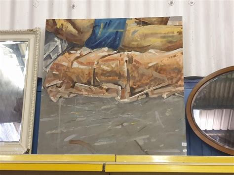 Large Oil On Canvas Painting Depicting Naked Reclining Lady Approx 1m