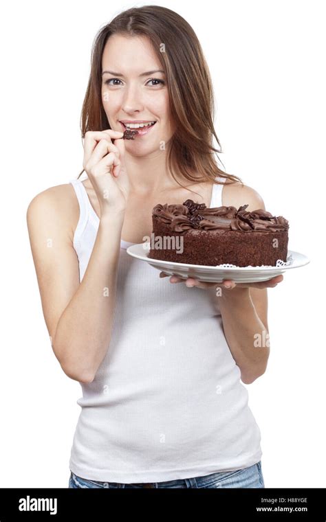 Beautiful Brunette Woman Eating Chocolate Cake Stock Photo Alamy