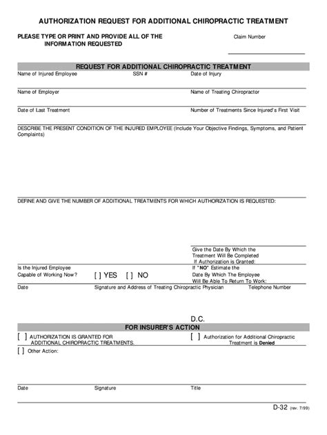 Authorization Request For Additional Chiropractic Treatment Form Fill