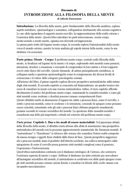 Riassunto Completo Di Introduzione Alla Filosofia Della Mente Di Alfredo Paternoster