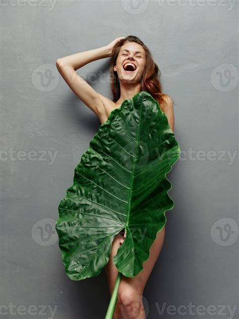 Joyful Woman Hiding Behind Palm Leaf Nude Body Isolated Background
